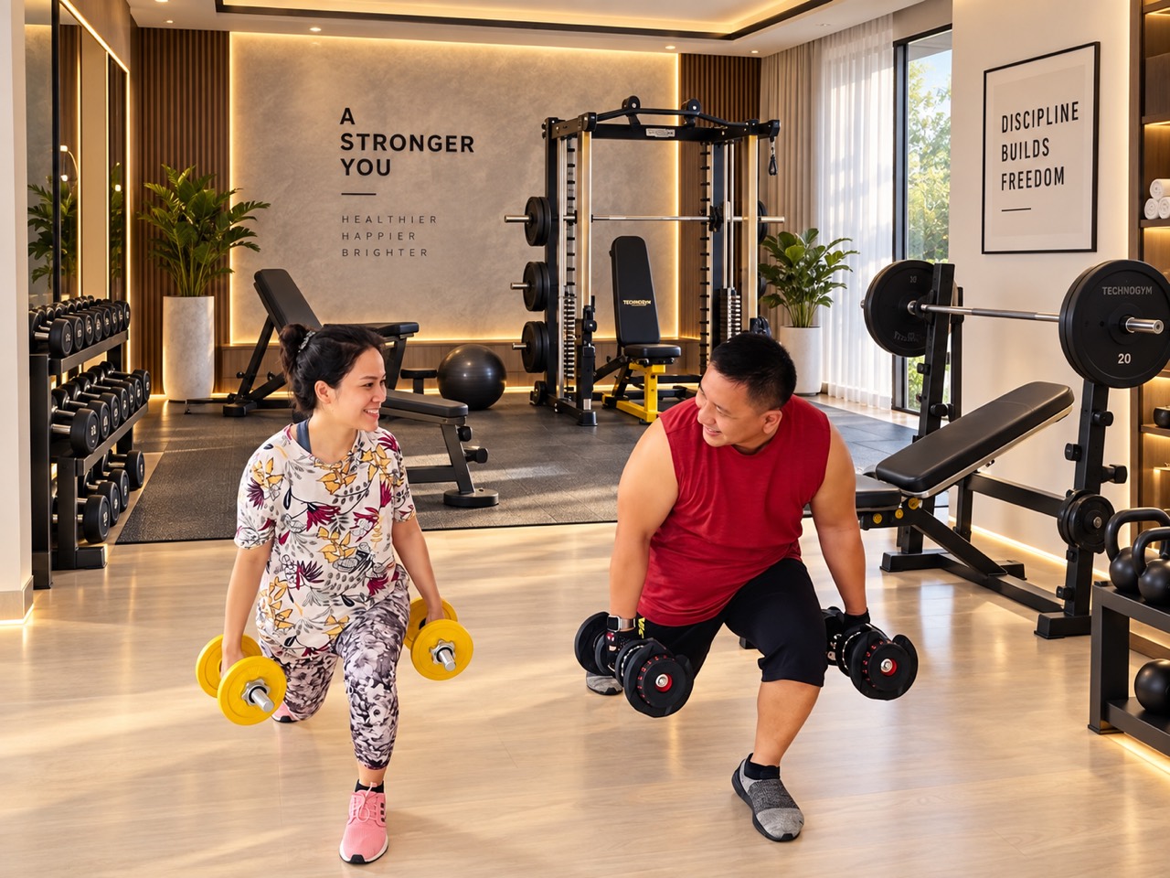 Rein dan Rima berlatih bersama menggunakan dumbbell di gym